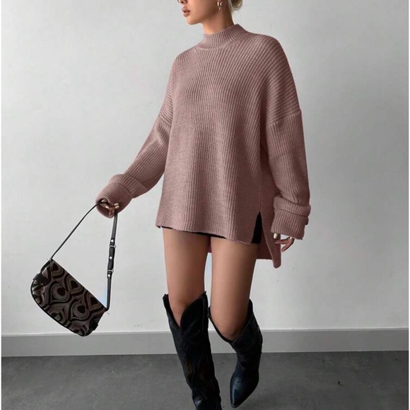 Cozy Mock High Neck Long Sleeve Slit Hi Low Hem Knit Sweater - Picture 3 of 13
